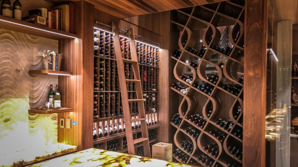 Wine cellar with rolling ladder
